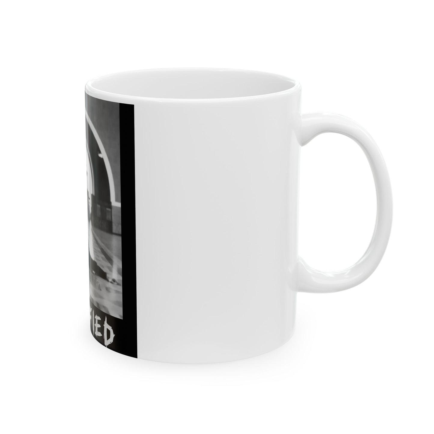 Crucified Black & White Photo Ceramic Mug — Gothic Horror Coffee Cup (11oz/15oz)