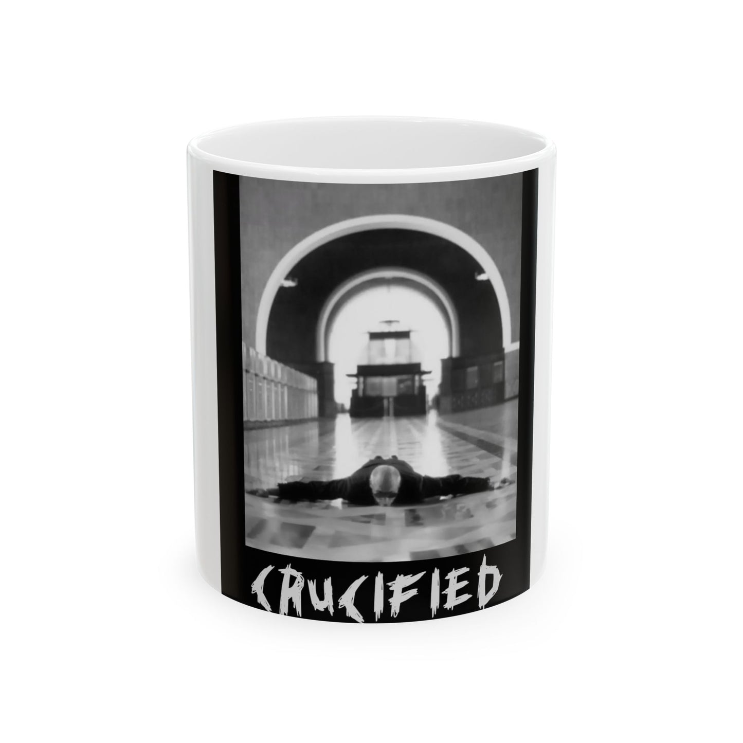 Crucified Black & White Photo Ceramic Mug — Gothic Horror Coffee Cup (11oz/15oz)