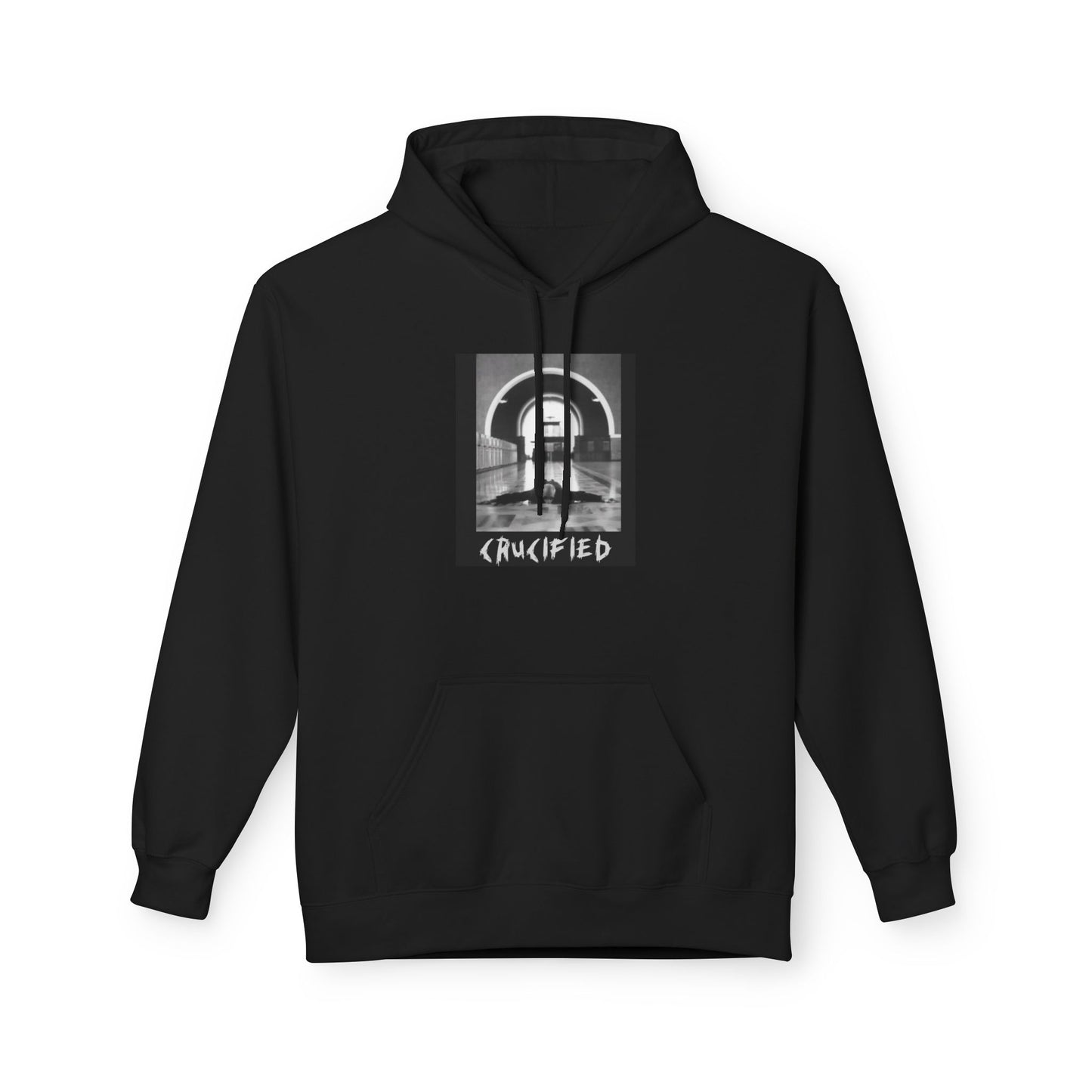 Crucified Gothic Hoodie — Monochrome Religious Graphic Pullover