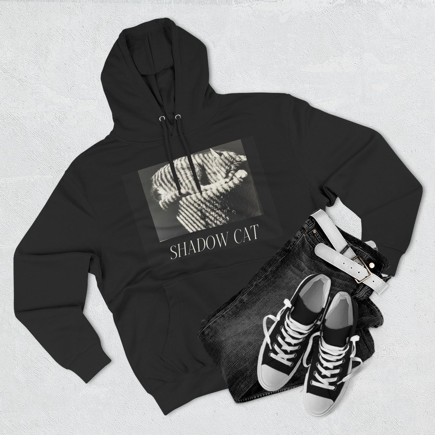Shadow Cat Hoodie — Vintage Noir Three-Panel Graphic Hoodie