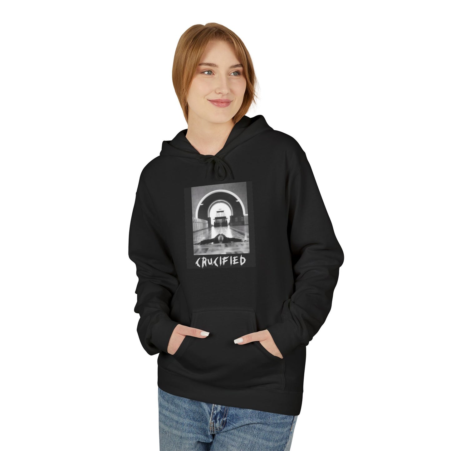Crucified Gothic Hoodie — Monochrome Religious Graphic Pullover